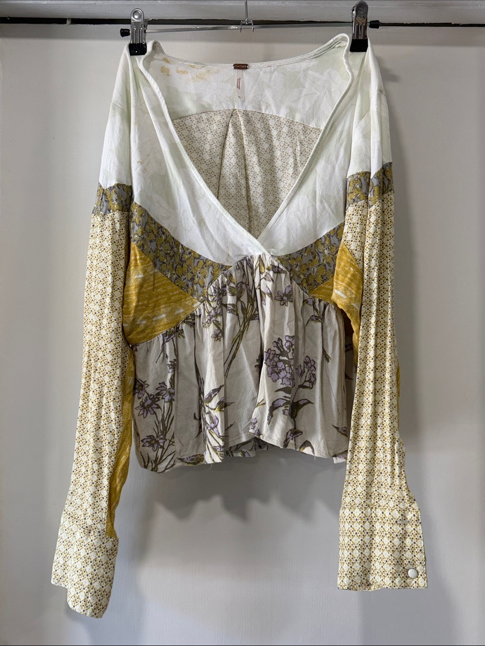 Free People Patchwork Floral V-Neck Long Sleeve Top in Cream, Yellow & Purple
